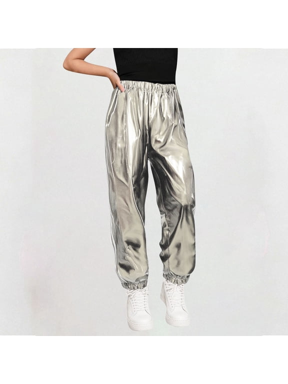 Girls Shiny Metallic Joggers Hip Hop Dance Pants High Waist Holographic Trousers Streetwear Performance Clubwear Liquid Look Silver,4 Years