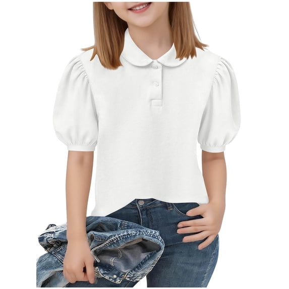Maqroz Girls Shirts Short Puff Sleeve Tops Kids Collared Blouses Summer Casual Daily Wear Button Neck Tees School Uniform Play Clothes Vacation Outfits Basic Layers Size 5-15 Years