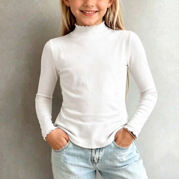 Maqroz Girls Tops Long Sleeve Mock Neck Shirts Lettuce Trim Kids Fall Winter Basic Tees Casual Layering Blouses Solid Ribbed Playwear Pullovers Size 0-12 Years