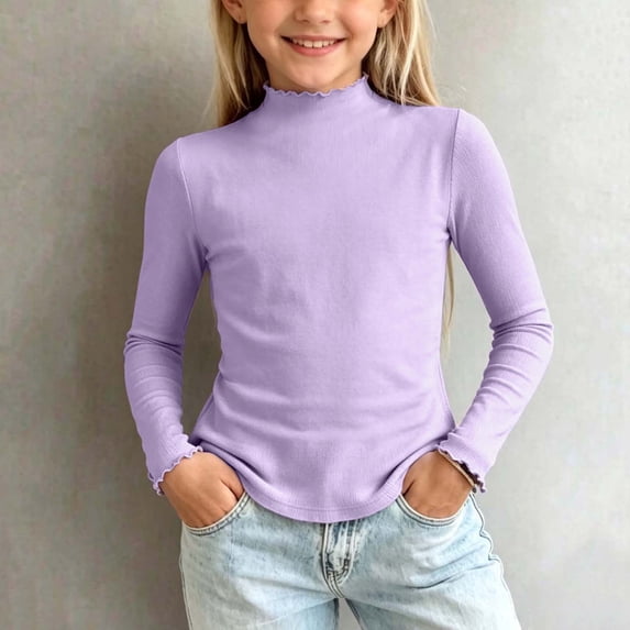 Maqroz Girls Tops Long Sleeve Mock Neck Shirts Lettuce Trim Kids Fall Winter Basic Tees Casual Layering Blouses Solid Ribbed Playwear Pullovers Size 0-12 Years