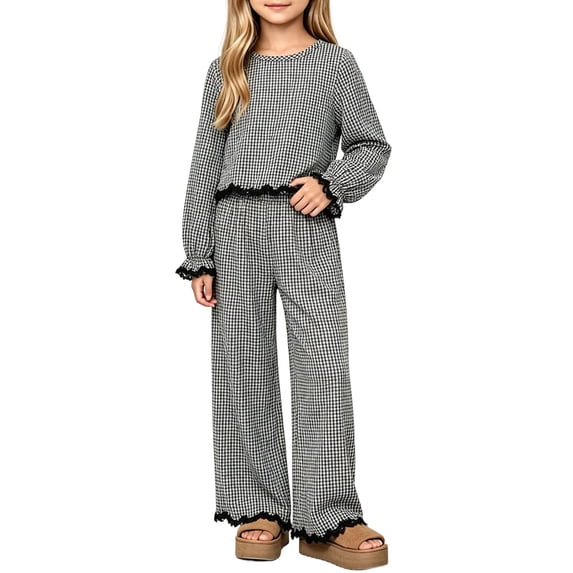 Maqroz Girls Two Piece Outfits Gingham Plaid Long Sleeve Pullover Tops Flared Wide Leg Pants Casual Lounge Matching Sets Elegant Lace Edge Streetwear for Casual Hanging Size 2-8 Years