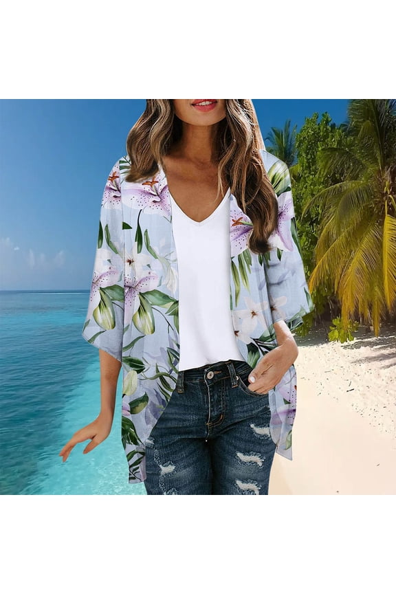 Hawaiian Cardigan for Women Floral Printed UPF 50+ Sun Protection Cover Ups 3/4 Sleeve Loose Fit Causal Beach Vacation Shirts Clothes White L