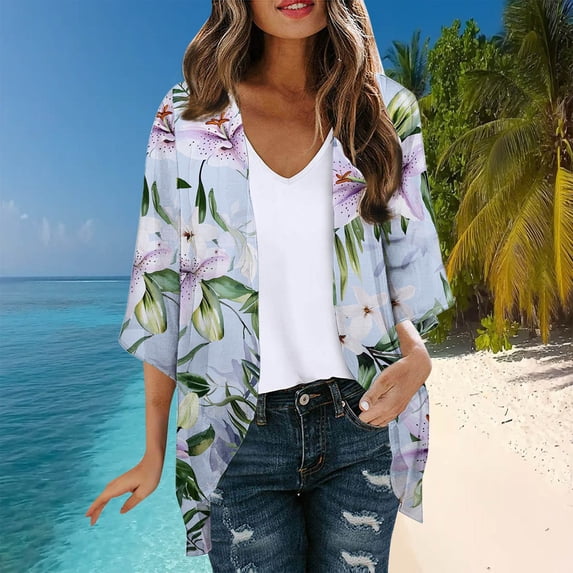 Maqroz Hawaiian Cardigan for Women Floral Printed UPF 50+ Sun Protection Cover Ups 3/4 Sleeve Loose Fit Causal Beach Vacation Shirts Clothes White S
