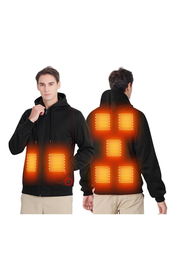 Heated Jacket for Men 3-Levels 7 Heating Zones Jackets Full Zip Drawstring Hooded Coat Plus Size Casual Loose Coats with Pockets Fall Winter Warm Outerwear