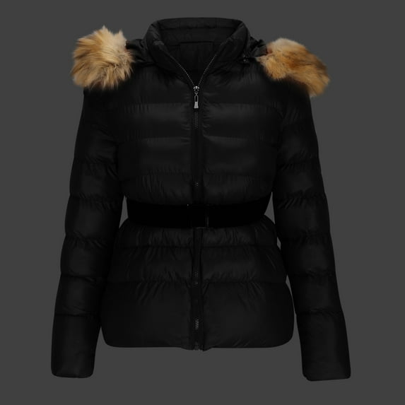 Maqroz Heavy Winter Coats for Women Full Zip Down Jacket Long Sleeve Warm Puffer Jacket Thick Quilted Jackets with Faux Fur Hood, Black L