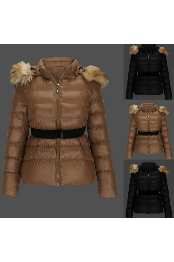 Heavy Winter Coats for Women Full Zip Down Jacket Long Sleeve Warm Puffer Jacket Thick Quilted Jackets with Faux Fur Hood, Coffee M