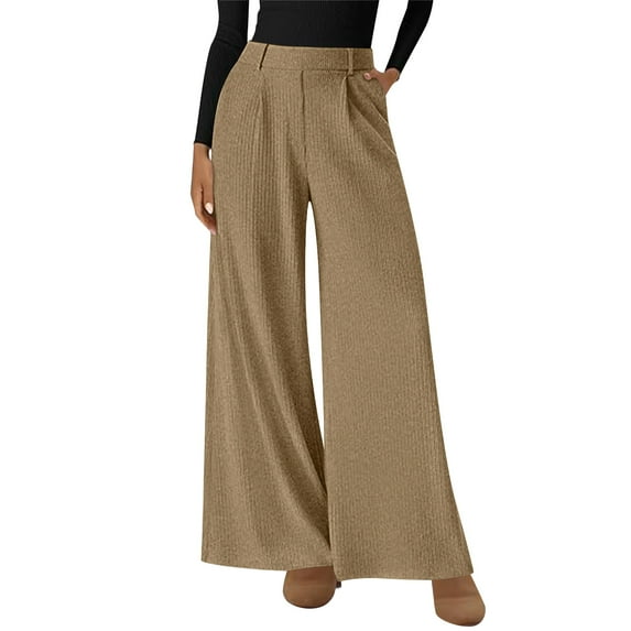 Maqroz High Waisted Corduroy Pants for Women Wide Leg Dressy Business Casual Trousers with Pockets Stretch Flowy Solid Color Loose Fit Bottoms, Khaki L