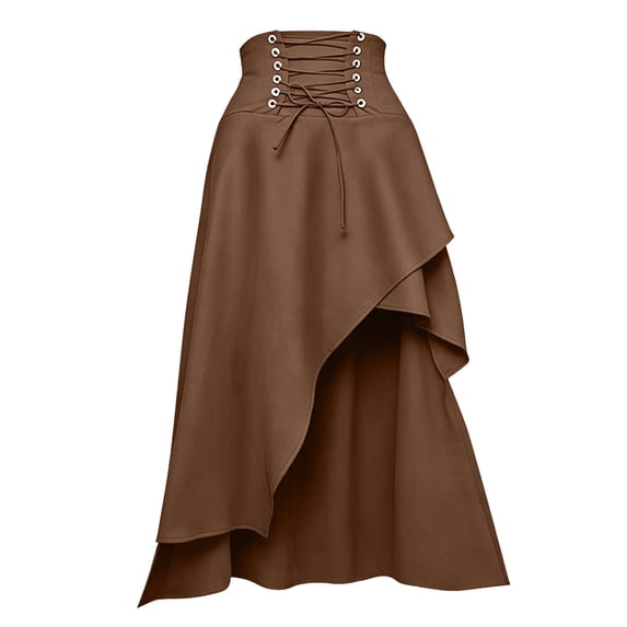 Maqroz High Waisted Skirts for Women Steampunk Corset Lace Up Asymmetrical Hem Ruffle Wrap Ruched Vintage Maxi Skirt Party Clubwear