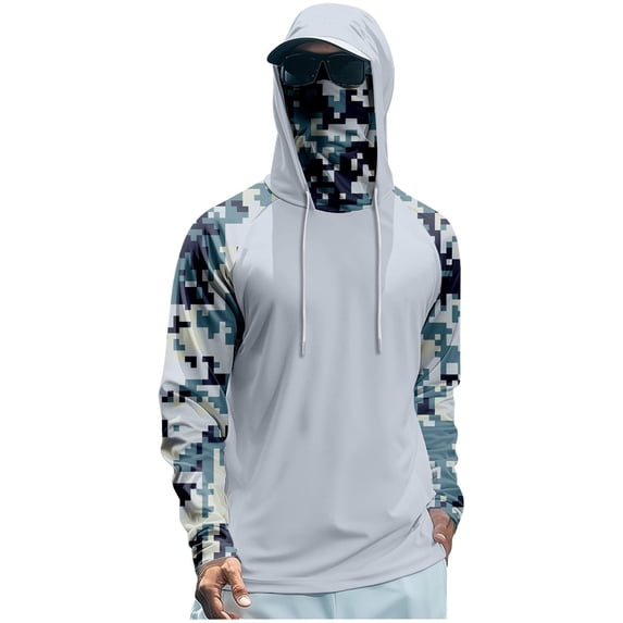 Maqroz Hooded Sun Shirts for Men with Mask Quick Dry UPF 50++ Sun Protection Fishing Shirt Drawsting UV Rash Guard Cooling Quick Dry Hiking Athletic Workout Shirt Gray XXL