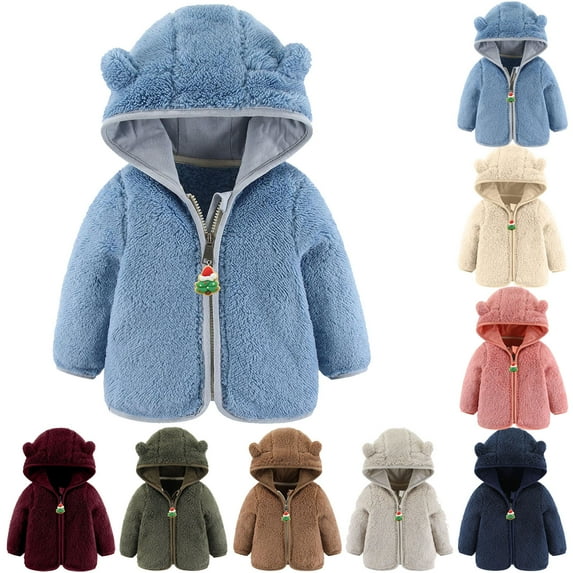 Maqroz Infant Fleece Jackets Toddler Winter Coats Warm Christmas Tree Zipper Long Sleeve Hooded Thermal Cute Teddy Bear Jackets with Pockets Fuzzy Boys Girls Clothes for Cold Weather, Sizes 0-24M