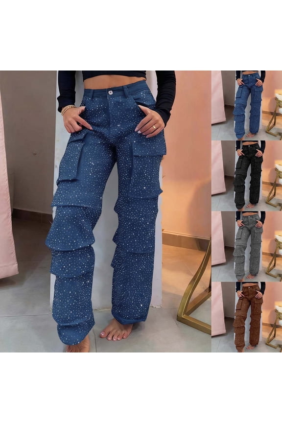 Jeans for Women Plus Size Button Down Elastic High Waisted Rhinestone Jeans Pants with Multiple Pockets Straight Leg Denim Pants Loose Fit Y2K Streetwear Sparkly Jean Blue XXXL