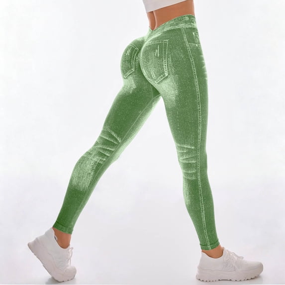 Maqroz Jeggings for Women with Pockets Tummy Control Butt Lifting Elastic High Waisted Jeans Yoga Pants Scrunch Leggings Seamless Stretchy Denim Pants Green M