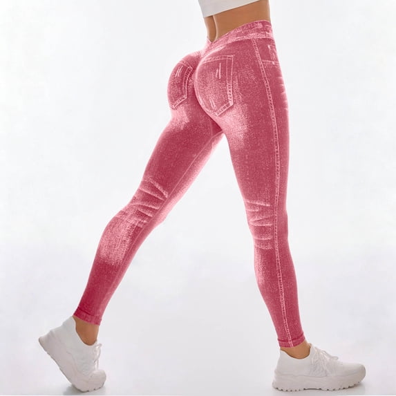 Maqroz Jeggings for Women with Pockets Tummy Control Butt Lifting Elastic High Waisted Jeans Yoga Pants Scrunch Leggings Seamless Stretchy Denim Pants Pink L