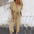 thumbnail image 1 of Maqroz Jumpsuits for Women Casual Spring Summer Short Sleeve Wrinkled Wide Leg Jumpsuit Drawsting Elastic Waist V Neck Romper Loose Fit One Piece Overalls Khaki XXXL, 1 of 4