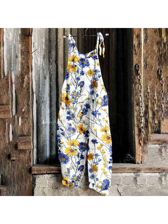 Jumpsuits for Women Casual Wide Leg Boho Floral Print Overalls Drawsting Spaghetti Strap Rompers Summer Travel Vacation Baggy Clothes Multicolor XL