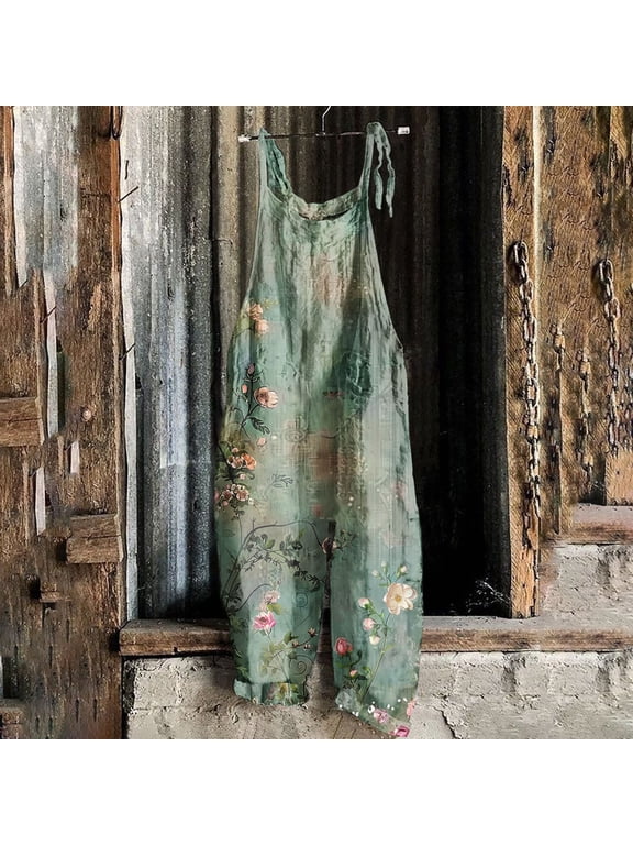 Jumpsuits for Women Casual Wide Leg Boho Floral Print Overalls Drawsting Spaghetti Strap Rompers Summer Travel Vacation Baggy Clothes Multicolor XL