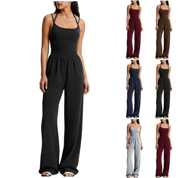 Maqroz Jumpsuits for Women Dressy Plus Size Summer Spaghetti Strap Backless Jumpsuits High Waist One Piece Wide Leg Baggy Romper Pant Casual Summer Outfits Black M