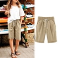 thumbnail image 1 of Maqroz Junior Girls Linen Look Bermuda Shorts Roll Cuff Summer Walking Pants with Pockets Drawstring Waist Casual Knee Length Chic School Wear Khaki,3-4Years, 1 of 8