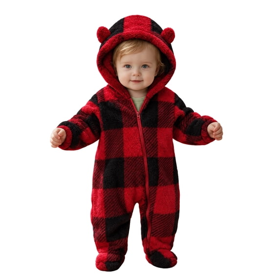 Maqroz Kids Boy Girl Plaid Fleece Romper Long Sleeve Hooded Jumpsuit Pajamas Winter Warm Bodysuit Sleepwear