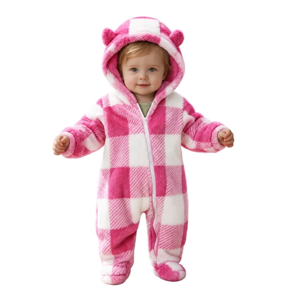 Maqroz Kids Boy Girl Plaid Fleece Romper Long Sleeve Hooded Jumpsuit Pajamas Winter Warm Bodysuit Sleepwear