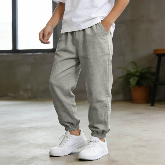 Maqroz Kids Cotton Linen Trousers Breathable Summer Pants Elastic Waist Tapered Bottoms Gray,5-6 Years