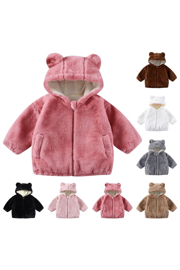 Kids Fleece Teddy Bear Jackets with Ear Hood Cute Boys Girls Zip Up Winter Coats Warm Fuzzy Long Sleeve Toddler Clothes with Pockets for Cold Weather Outerwear, Sizes 2-8