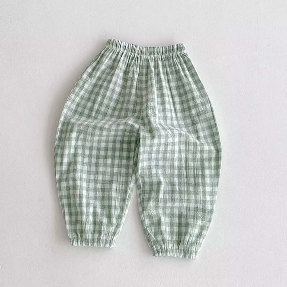 Maqroz Kids Gingham Plaid Lantern Pants Loose Fit Bloomers Cotton Linen Breathable Trousers Summer Mosquito Proof Harem Bottoms Green,1 Year