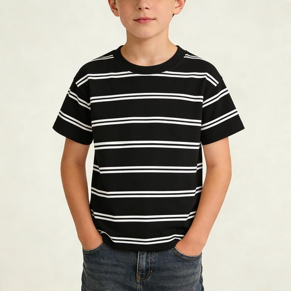 Maqroz Kids Striped Crewneck Tee Short Sleeve Classic Stripe Patterns Top Casual Loose Summer Lightweight Shirts for Back To School Play and Everyday Size 7-8 Years