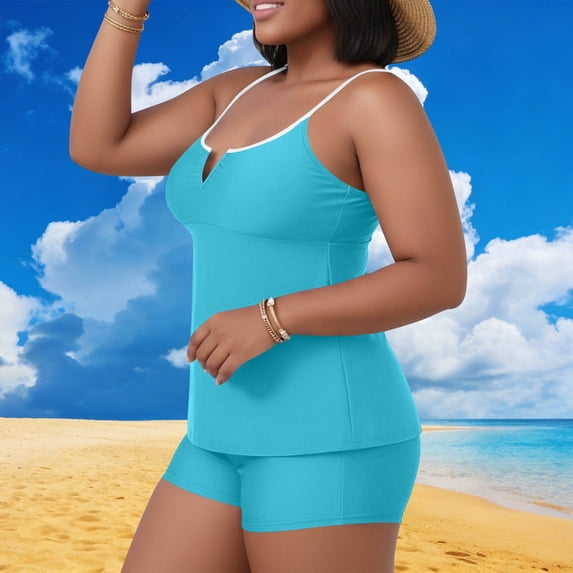 Maqroz Ladies Modest Tankini Swimsuits with Shorts Solid Color Two Piece Bathing Suits Athletic Cami Swimwear Sky Blue,XXXXXL