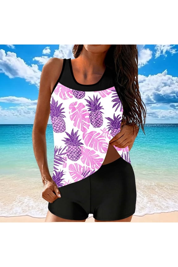 Ladies Tankini Swimsuits with Shorts Pineapple Print Two Piece Bathing Suits Modest Sporty Racerback Swimwear Multicolor,S