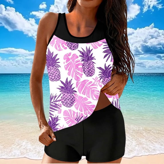 Maqroz Ladies Tankini Swimsuits with Shorts Pineapple Print Two Piece Bathing Suits Modest Sporty Racerback Swimwear Multicolor,XL