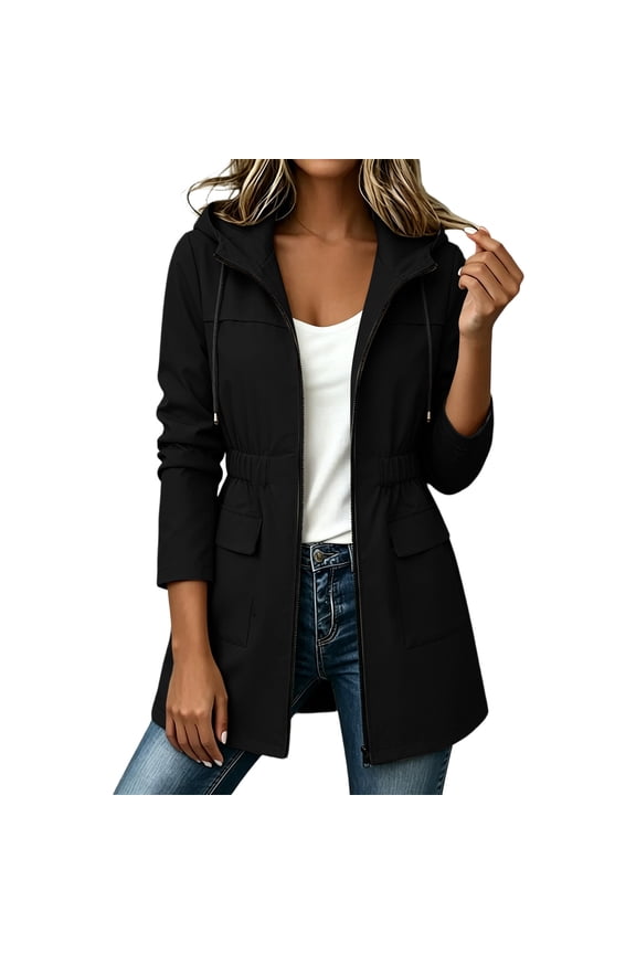 Lightweight Jackets for Women Casual Hooded Windbreaker Cinched Elastic Waist Full Zip Front Fall Trench Coat Utility Outerwear with Large Pockets
