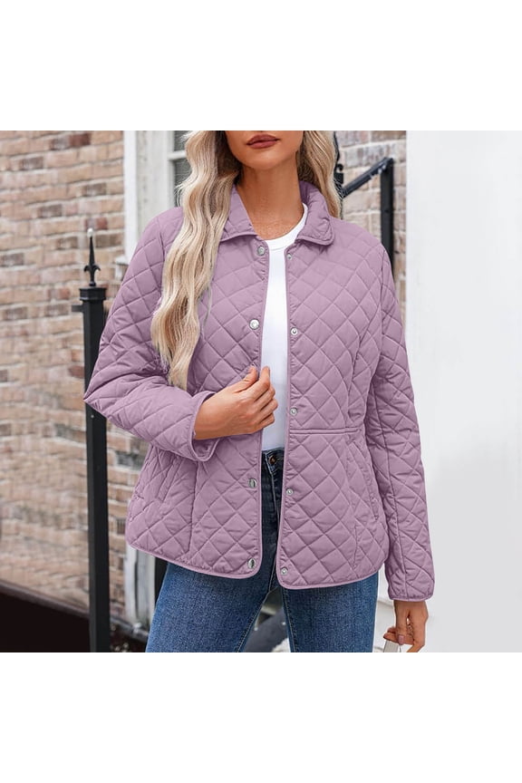 Lightweight Quilted Jackets for Women Barn Jacket Button Up Long Sleeve Cardigan Plus Size Lapel Coat Winter Warm Padded Coats with Pockets