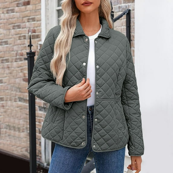 Maqroz Lightweight Quilted Jackets for Women Button Down Cardigan Barn Jacket Padded Lapel Warm Winter Coats Trendy Outerwear with Pockets, Gray M