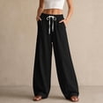 thumbnail image 1 of Maqroz Linen Pants for Women Drawstring Elastic Waist Wide Leg Trousers Casual Baggy Lounge Slacks Summer Holiday Beach Vacation Wear, 1 of 8