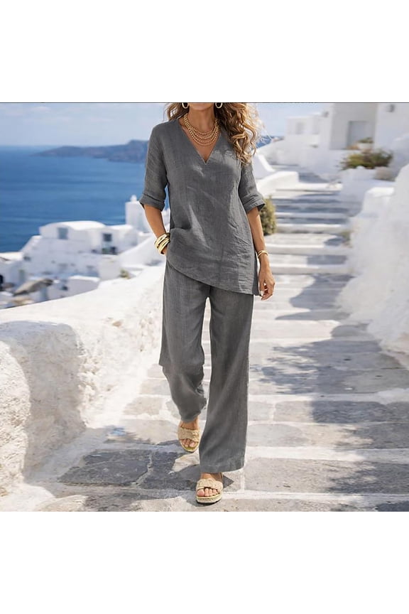 Linen Sets for Women V Neck 3/4 Sleeve Tunic Top and Wide Leg Pants Casual Two Piece Outfits Summer Beach Vacation Wear Breathable Loose Streetwear