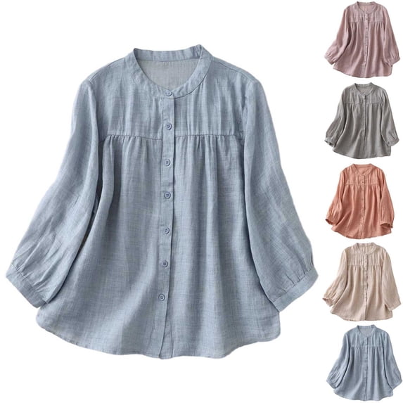 Maqroz Linen Shirt for Women Summer Sun Protection Long Sleeve Oversized Boho Top Lightweight Crew Neck Work Blouses Button Down Spring Clothes Outfits Blue XXL