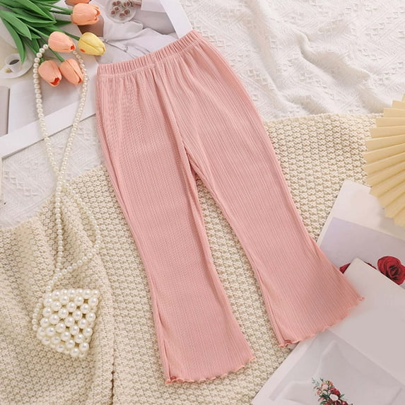 Maqroz Little Girls Ribbed Flare Pants Lettuce Trim Leggings Stretchy Bell Bottom Trousers Elastic Waist Solid Color Casual School Bottoms Pink,3-4Years