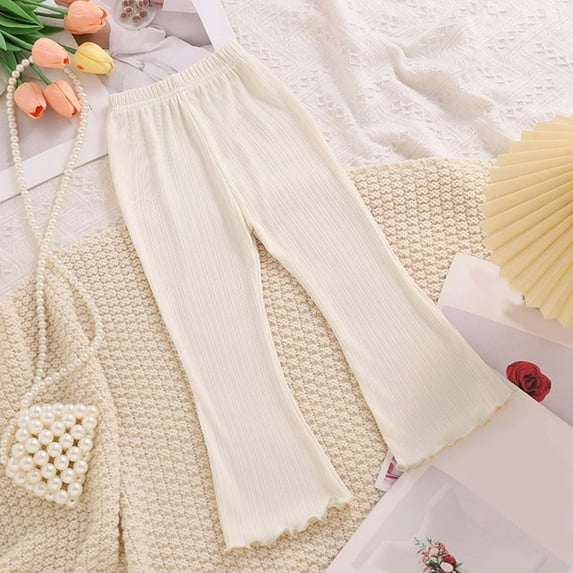 Maqroz Little Girls Ribbed Flare Pants Lettuce Trim Leggings Stretchy Bell Bottom Trousers Elastic Waist Solid Color Casual School Bottoms White,9-10Years