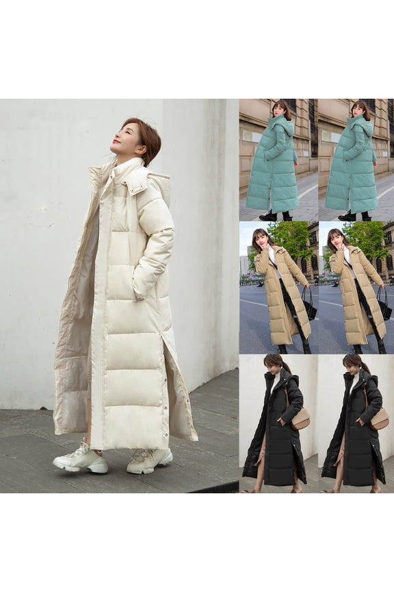 Long Down Coat for Women Warm Quilted Jackets Maxi Full Zip Parka Long Sleeve Down Coats Hooded Cozy Trendy Jacket Thick Heavy Winter Coats with Pockets, Beige XL