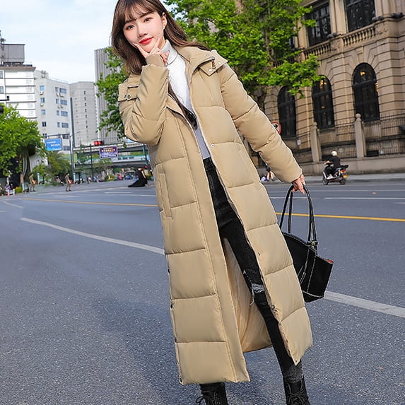 Maqroz Long Down Coat for Women Warm Quilted Jackets Maxi Full Zip Parka Long Sleeve Down Coats Hooded Cozy Trendy Jacket Thick Heavy Winter Coats with Pockets, Khaki XXL