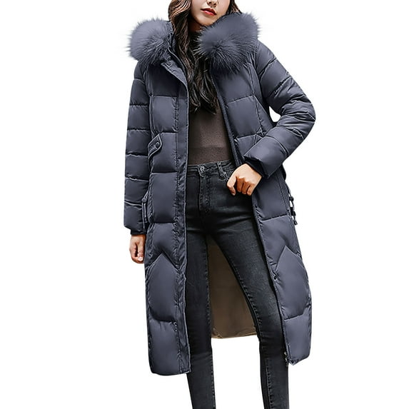 Maqroz Long Down Coats for Women Thick Quilted Winter Jackets Warm Maxi Padded Puffer Coats Zip Up Heavy Parka Coat Outerwear with Deep Pockets and Faux Fur Hood, Gray M
