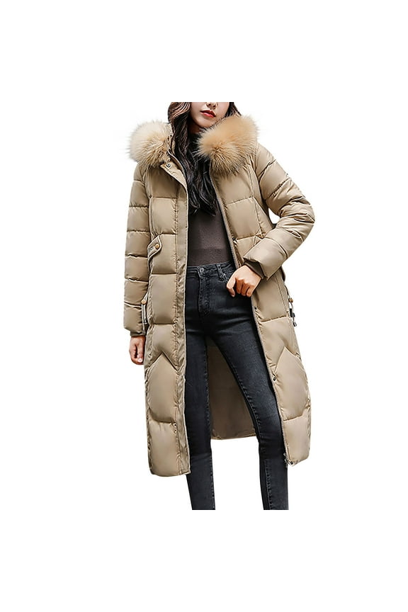 Long Down Coats for Women Thick Quilted Winter Jackets Warm Maxi Padded Puffer Coats Zip Up Heavy Parka Coat Outerwear with Deep Pockets and Faux Fur Hood, Khaki M