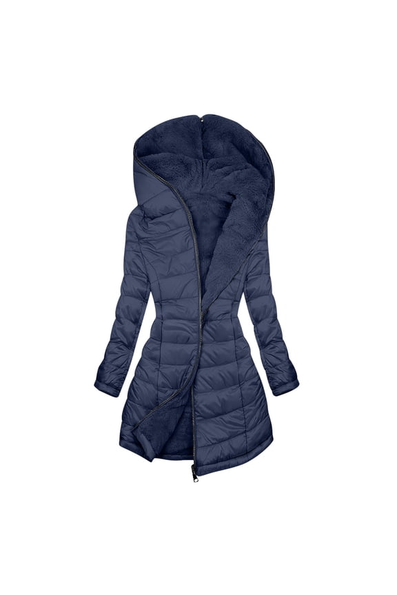 Long Down Jacket Women with Hood Fleece Lined Warm Thick Winter Coats Sherpa Hooded Full Zip Heavy Quilted Jacket with Pockets Outerwear Cold Weather Jackets, Navy S