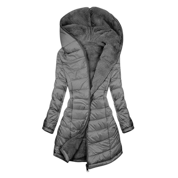 Maqroz Long Down Jacket Women with Hood Fleece Lined Warm Thick Winter Coats Sherpa Hooded Full Zip Heavy Quilted Jacket with Pockets Outerwear Cold Weather Jackets, Dark Gray M