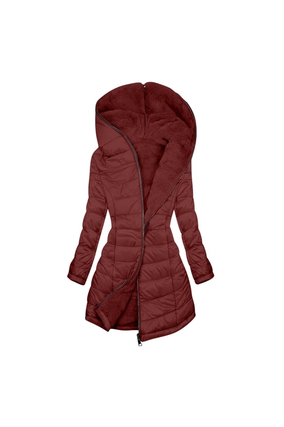 Long Down Jacket Women with Hood Fleece Lined Warm Thick Winter Coats Sherpa Hooded Full Zip Heavy Quilted Jacket with Pockets Outerwear Cold Weather Jackets, Wine L