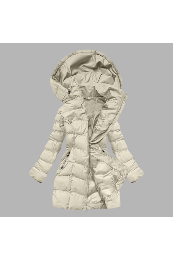 Long Down Jacket Women Knee Length Warm Quilted Coats Fleece Lined Heavy Winter Coats Zip Up Thermal Heavyweight Parka Jackets with Hood and Zipper Pockets Outerwear, Beige M