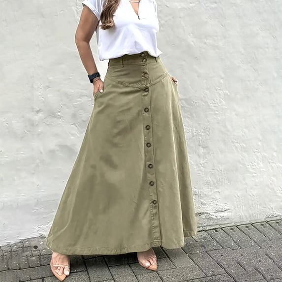 Maqroz Long Skirts for Women Casual High Waisted Button Down Front A-Line Flowy Vintage Maxi Skirt with Side Pockets Vacation Apparel