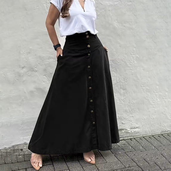 Maqroz Long Skirts for Women Casual High Waisted Button Down Front A-Line Flowy Vintage Maxi Skirt with Side Pockets Vacation Apparel