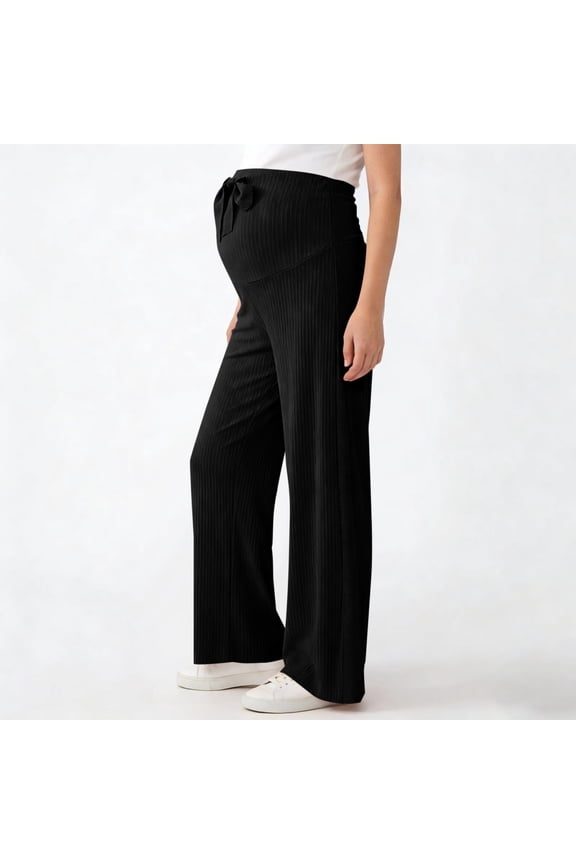Maternity Wide Leg Pants Ribbed Knit Pregnancy Lounge Bottoms Adjustable Waist Comfy Trousers Black,M